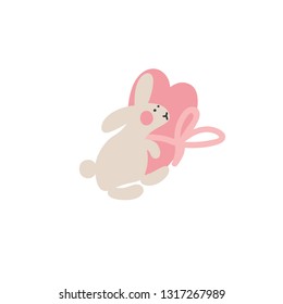 Adventures of Easter bunnies, who are looking for and hiding holiday eggs. Easter design elements in minimalistic vector style. Illustrations for kids.