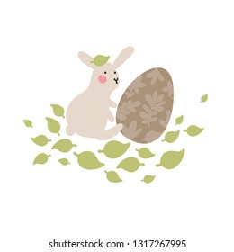Adventures of Easter bunnies, who are looking for and hiding holiday eggs. Easter design elements in minimalistic vector style. Illustrations for kids.