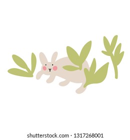 Adventures of Easter bunnies, who are looking for and hiding holiday eggs. Easter design elements in minimalistic vector style. Illustrations for kids.