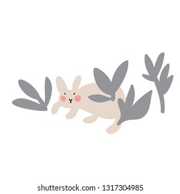 Adventures of Easter bunnies, who are looking for and hiding holiday eggs. Easter design elements in minimalistic vector style. Illustrations for kids.