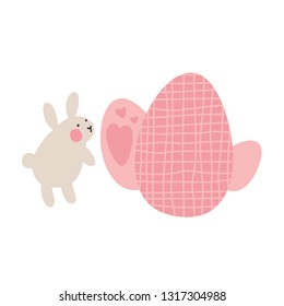 Adventures of Easter bunnies, who are looking for and hiding holiday eggs. Easter design elements in minimalistic vector style. Illustrations for kids.