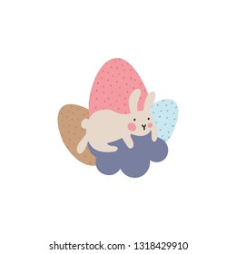 Adventures of Easter bunnies, who are looking for and hiding holiday eggs. Easter design elements in minimalistic vector style. Illustrations for kids.