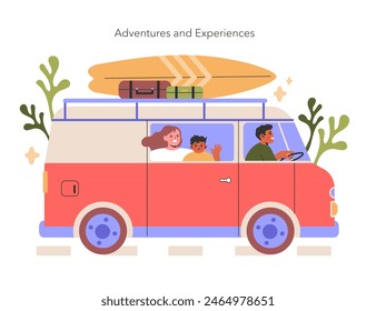 Adventures and Experiences illustration. A millennial family enjoys a road trip in a vintage van, ready for outdoor activities. Vector illustration.