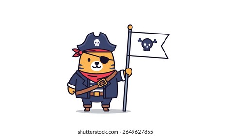 Adventures of a fearless feline pirate with a skull and crossbones flag embarking on a grand treasure hunt