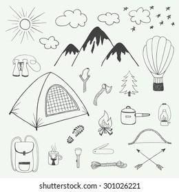 Adventures hand drawn vector doodle set in vintage style