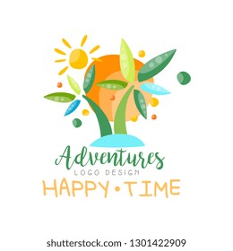 Adventures, happy time logo design, beach summer vacation, travel, tropical paradise, tourist agency creative label vector Illustration
