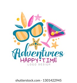 Adventures, happy time, logo design, beach summer vacation, travel, tropical paradise, tourist agency creative label vector Illustration