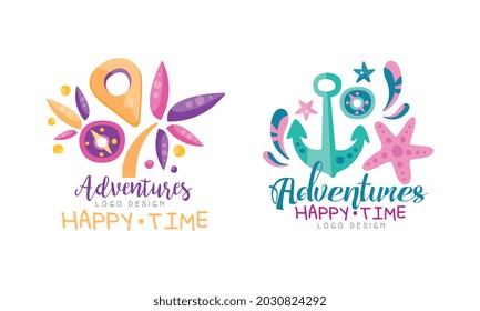 Adventures Happy Time Logo Design Set Hand Drawn Labels Badges Vector Illustration