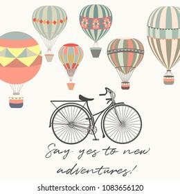 Adventures. Illustration with bicycle and air balloons in vintage hipster style