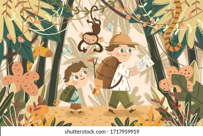 Aventuras en la selva y el safari. Niños ilustran vectoriales acampando en un bosque exótico con monos y jirafas de animales africanos. Dibujo de chicos que caminan y viajan.
 
