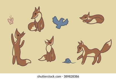 Adventures of the little fox. Vector illustration.