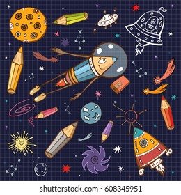 The Adventures of Pencils in Space. Astronaut, spaceship, aliens. Meteor in open space.  Vector illustration.