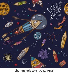 The Adventures Of Pencils In Space  Embroidery Seamless Pattern. Astronaut,  Space X, Dragon Capsules, Space Suit. Set For Children's Drawing. Can Be Used For Clothes, Textiles, T-shirt Print.Vector