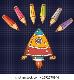 The Adventures Of Pencils In Space. Set For Children's Drawing: Mars, Astronaut,  Space X, Dragon Capsules, Space Suit.  For Printing On Clothes, Textiles, T-shirts, Packages. Vector Illustration
