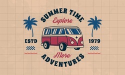Adventures Retro Emblem. Groovy 70s Logo. Retro Bus Logo. Hippie 1970s Design. Vector Print For T-shirt, Typography.