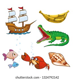 adventures sea ship boat canoe crocodile frog sphinx pyramid crab