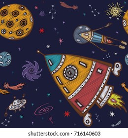 Adventures In Space  Embroidery Seamless Pattern. Astronaut,  Space X, Dragon Capsules, Space Suit. Set For Children's Drawing. Can Be Used For Clothes, Textiles, T-shirt Print Fashion Design.Vector