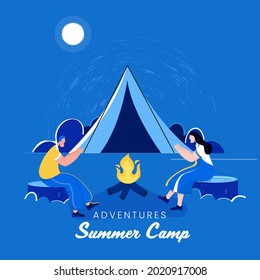 Adventures Summer Camp Poster Design With Cartoon Couple In Front Of Bonfire And Camping Tent On Full Moon Blue Background.