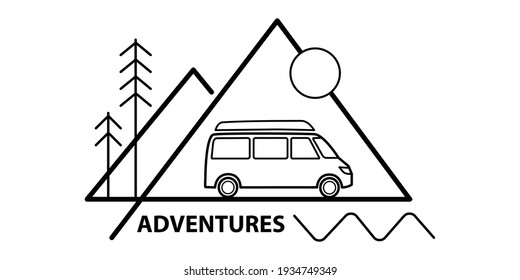 Adventures. A van on a road in the wild. Nature, a forest, mountains. Vector black and white vector illustration. Print design, label, card, t-shirt design. Outdoors