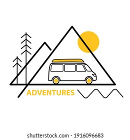 Adventures. Vector isolated line drawing, Black and white illustration with a van, mountains, a forest, a sun, nature, a rivel. Abstract triangle and wave. Trendy line illustration. Yellow, black