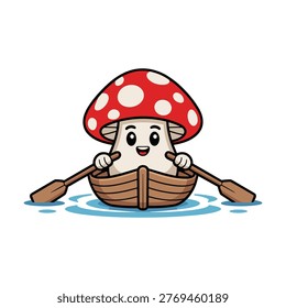 Adventuresome mushroom character rowing a small boat across calm water, playful outdoor scene.
