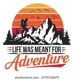 Adventure-Themed T-Shirt Design with Sunset and Mountain Illustration