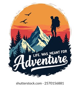 Adventure-Themed T-Shirt Design with Sunset and Mountain Illustration