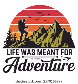 Adventure-Themed T-Shirt Design with Sunset and Mountain Illustration