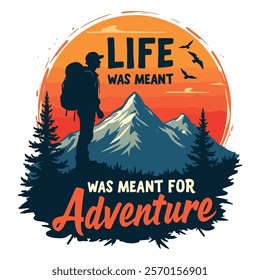 Adventure-Themed T-Shirt Design with Sunset and Mountain Illustration