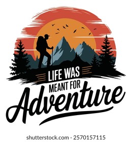 Adventure-Themed T-Shirt Design with Sunset and Mountain Illustration