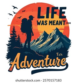 Adventure-Themed T-Shirt Design with Sunset and Mountain Illustration