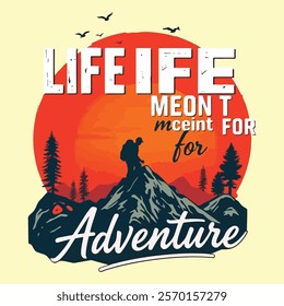 Adventure-Themed T-Shirt Design with Sunset and Mountain Illustration