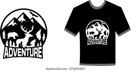 Adventure-themed vector illustration featuring a mountain landscape, pine trees, and silhouettes of wild animals (deer, bear, wolf) and a hiker. Circular badge style graphic ready for t-shirt printing