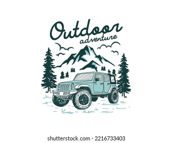 Adventuring jeep car and mountain ilustration