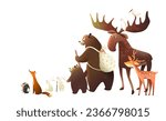 Adventurous animals friends backpacking and traveling. Bears and moose go hiking, cartoon for children. Hand drawn vector illustration in watercolor style, isolated animals clip art for kids.