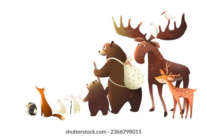 Adventurous animals friends backpacking and traveling. Bears and moose go hiking, cartoon for children. Hand drawn vector illustration in watercolor style, isolated animals clip art for kids.