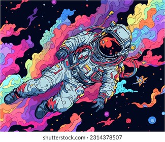 An adventurous astronaut floating among colorful nebulae