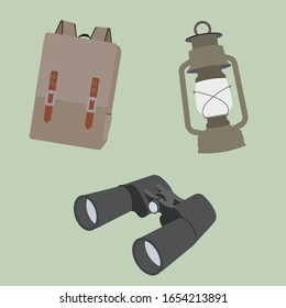 Adventurous backpacking. Flat cartoon vector set of travel equipment. Binoculars, vintage oil lamp and backpack on a green background.