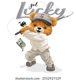 Oso aventurero con una caña de pescar y dinero en efectivo, con la leyenda 'Get Lucky' en un diseño juguetón, Ilustración vectorial