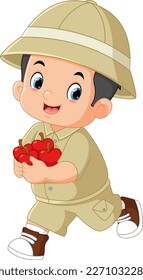 an adventurous boy excited and running carrying lots of apples of illustration