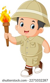 an adventurous boy is excited and runs with a torch of illustration