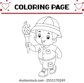 adventurous boy is excited runs with torch coloring page for kids