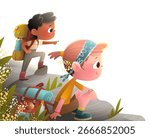 Adventurous boy and girl explorers on top of mountain with a backpacks. Children friends travel and enjoy nature hiking backpacking adventures. Childhood characters cartoon for kids, vector clip art