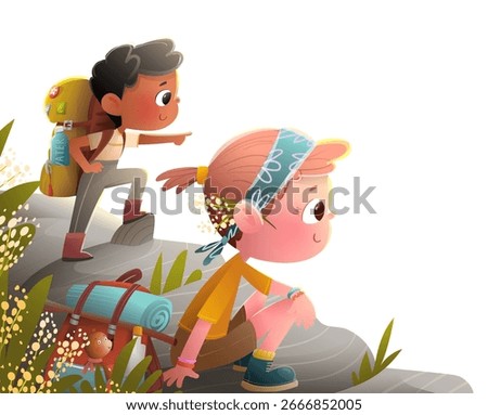 Adventurous boy and girl explorers on top of mountain with a backpacks. Children friends travel and enjoy nature hiking backpacking adventures. Childhood characters cartoon for kids, vector clip art