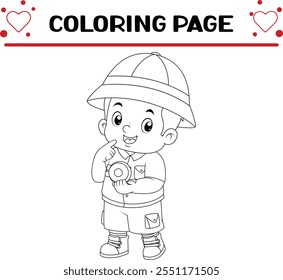 adventurous boy is looking directions using compass coloring page for kids