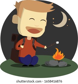 Adventurous boy roasting marshmello in the fireplace at night