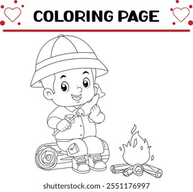 adventurous boy sits fallen tree is eating grilled fish front bonfire coloring page for kids