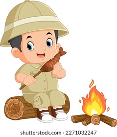 an adventurous boy sits on a fallen tree and is eating grilled fish in front of a bonfire of illustration