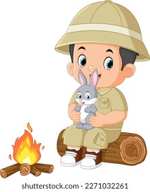 an adventurous boy sits on a fallen tree and holds a rabbit while lighting a bonfire of illustration
