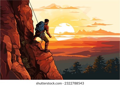 An adventurous cartoon depiction of a man rock climbing a steep cliff